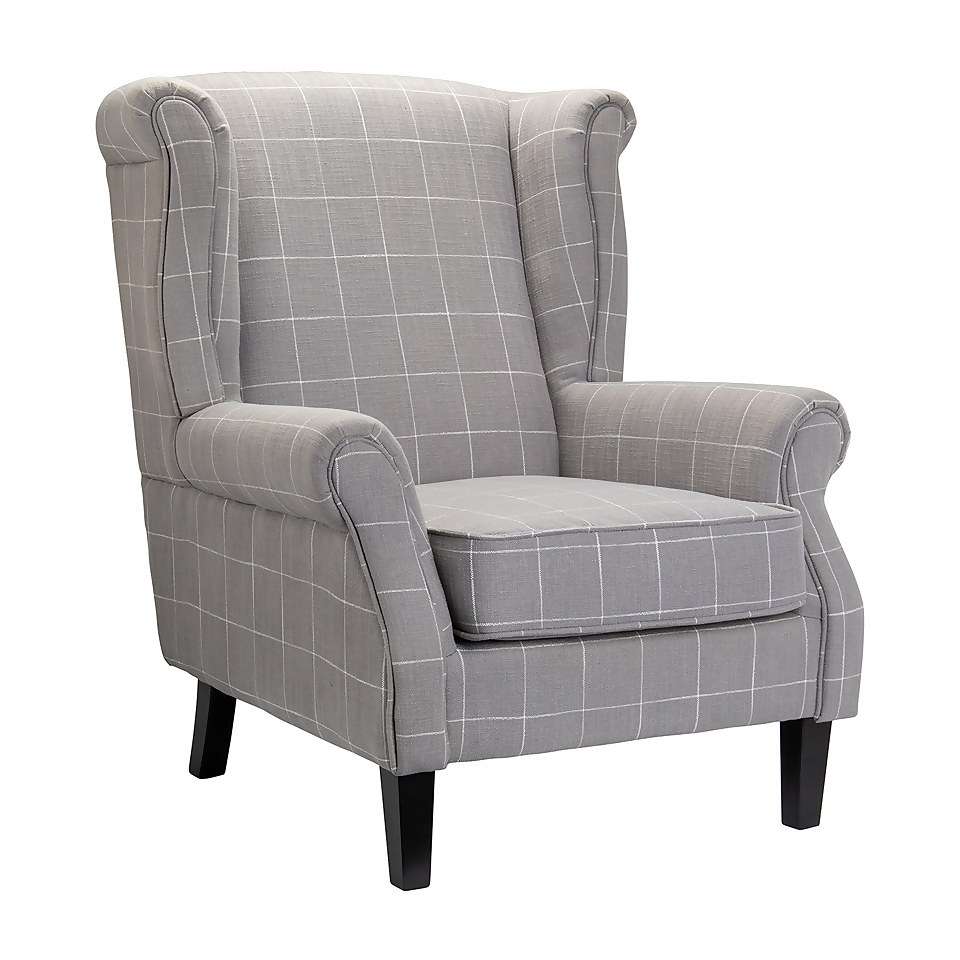 Chester Wing Back Armchair - Grey Check Fabric